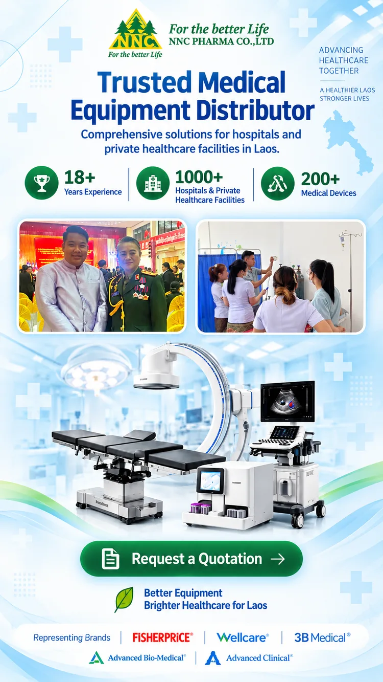 NNC Pharma — ຜູ້ຈຳໜ່າຍອຸປະກອນການແພດທີ່ໜ້າເຊື່ອຖືໃນລາວ. ປະສົບການ 18+ ປີ, 1000+ ໂຮງໝໍ ແລະ ຄລີນິກ, 200+ ອຸປະກອນການແພດ.